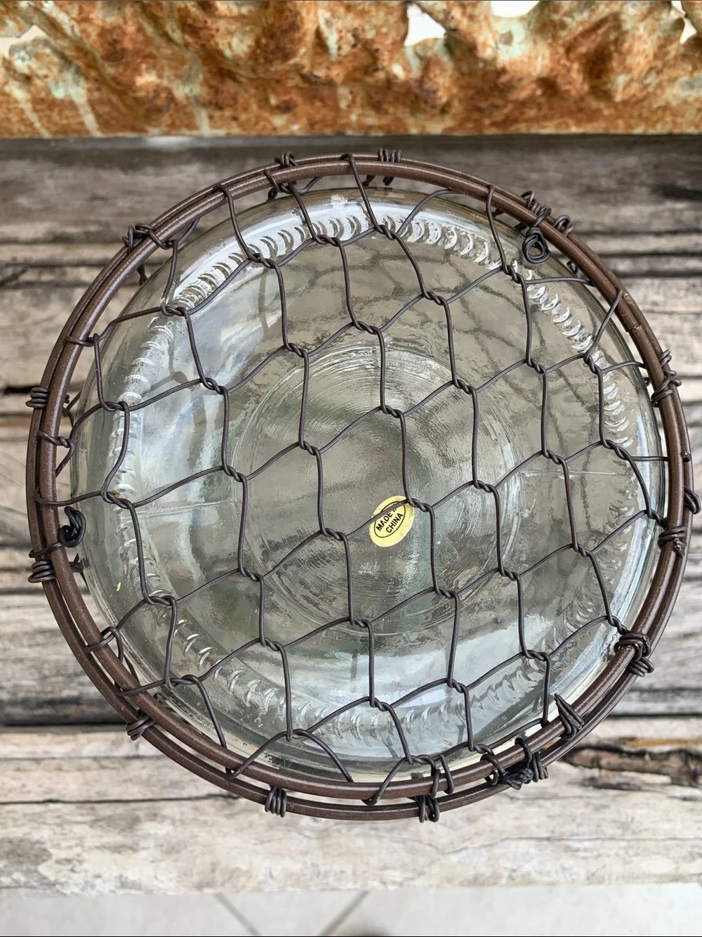 Clear Glass Lantern with Coppery Chicken Wire Cage with Handle